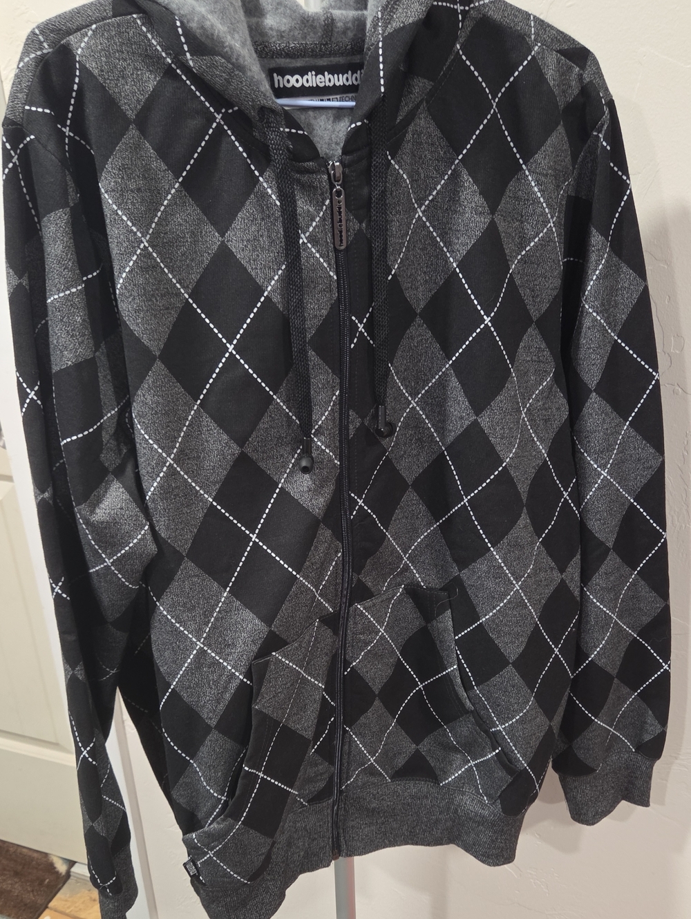 Men's Black & Gray Argyle Zip Hoodie Sweatshirt